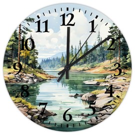 10 inch Silent Non-Ticking Wall Clocks Battery Operated Voyageurs National Park Wooden Wall Decor for Home Mountain Landscape Rustic Round Wooden Wall Clock Vintage for Gym Restroom