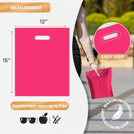 Ubags 100 Merchandise Bags 12x15 Fuchsia, Die Cut Handles, No Gusset, Strong, Durable, and Tear Resistant Bags Perfect for Retail, Boutiques or Events