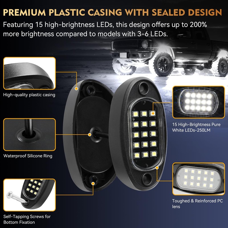 4Pods Pure White LED Rock Lights Kit with Switch Wiring