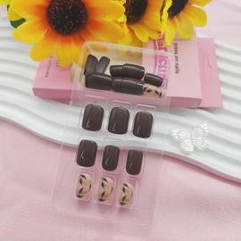 Square Press On Nails with Golden Glitter & Leaves Designs - Fall Nails, Glossy Glue On, Brown, Full Cover Acrylic Stick Ons for Women - 24 Pcs