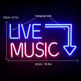 Live Music Neon Sign LED Neon Sign Large Neon Light Sign Blue and Pink Words Neon Sign for Music Studio Light up Sign USB Powered Switch Neon Sign for Wall Decor Beer,Bar,Music Studio,Bedroom,Party,Club