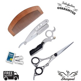 SHARPEND Men's 4 Piece Pro Grooming Kit Inc Straight Cutt throat Razor, Scissors, Comb