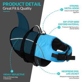 Queenmore Small Dog Life Jacket,Shark Dog Life Vest for Swimming,Puppy Light Life Preserver for Boating Kayaking Canoeing,Pet Lifesaver with High Buoyancy,Rescue Handle,Leash Hook (Peacock Blue,S)