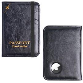 QIELIZI Passport Holder with Airtag Slot, Airtag Passport Wallet for Men Women, Slim Leather Passport Holder Case Family for Travel Anti-Lost(1-Black)