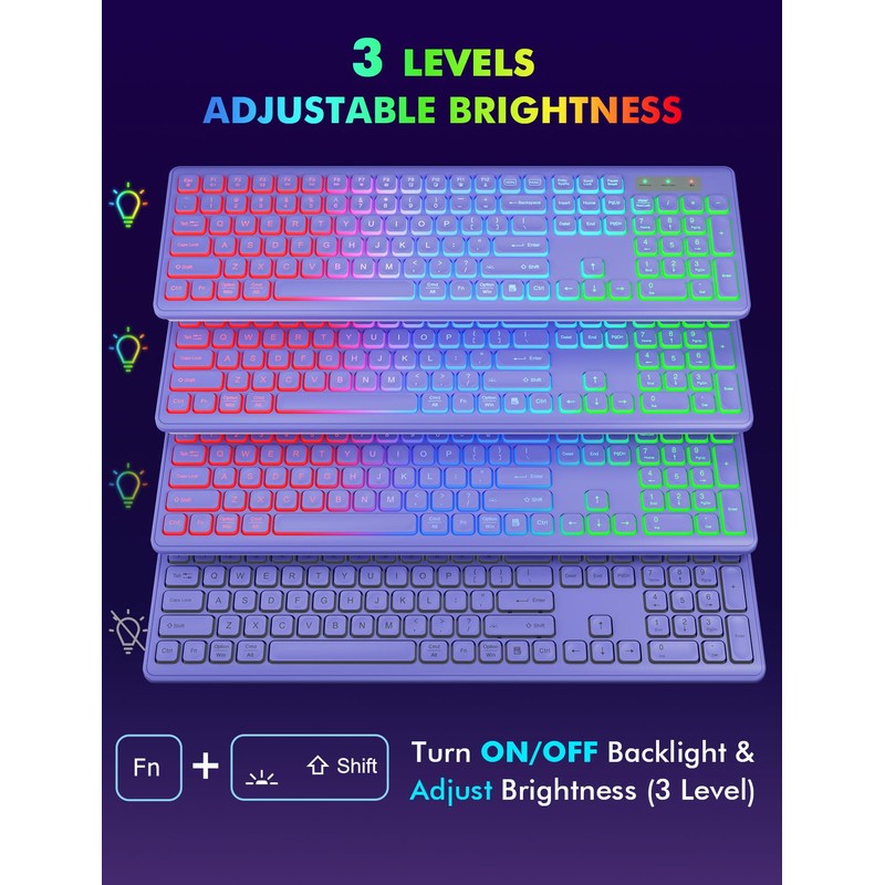 Wireless Keyboard and Mouse Combo, RGB Backlit, Rechargeable & Light