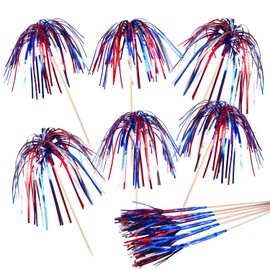 100 Pack 4th of July Cocktail Picks, 6 Inch Patriotic Firework Picks, Red Silver Blue Foil Frill Toothpicks Food Fruit Drink Sticks for Fourth of July Party Supplies Patriotic Decorations