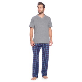 Ashford & Brooks Men's Woven Short Sleeve Jersey Top & Pajama Pants Set - Blue/Burgundy - Large