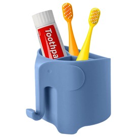 RyanLemon Elephant Toothbrush Holder for Kids Toddler, Suction Cup Toddler Toothbrush Holder, Cute Baby Toothbrush Holder with 3 Slots and 1 Hook, Toothbrush Holders Kids for Bathroom, Sky Blue