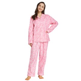 TONY AND CANDICE Women's 100% Cotton Long Sleeve Flannel Pajama Set Sleepwear (Medium, Pink with White Paisleys)