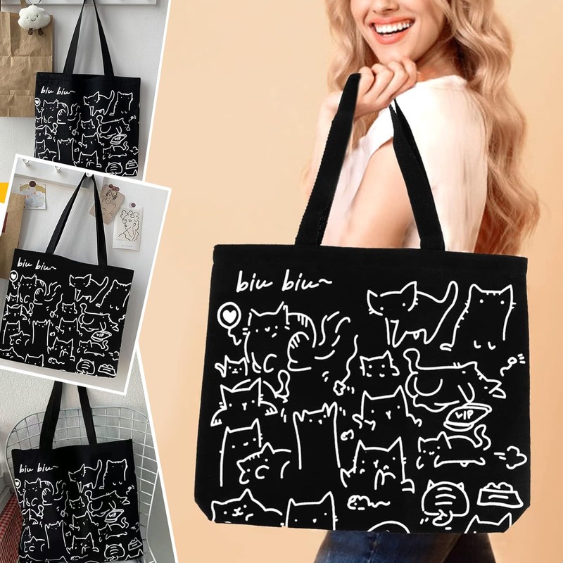 Eowppue Charming Canvas Tote Bag with Cute Cat Pattern, Versatile