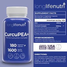 CurcuPEA+ (Palmitoylethanolamide + Turmeric Complex 600mg/1000mg) – Derived from Curcumin Longa, 180 Vegetarian Capsules, Natural Antioxidant, 3-Month Supply, GMP Certified, Vegan, Made in USA