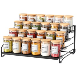 RCHYFEED Spice Rack Organizer for Cabinet,4 Tier Cabinet Spice Organizer，Step Seasoning Organizer Easy Visibility,Tierd Depth Adjustable Spice Shelf for Kitchen Countertop Pantry Organization,Black