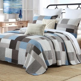 CozyQQ Blue Gray Plaid Quilt - 100% Organic Cotton King Size Quilt, Farmhouse Lightweight King Quilted Bedspread Set, Neutral Unisex Modern Cottage Comforter Bedding Set with 2 Pillow Shams, 98"x106"