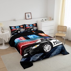 Feelyou Kids Police Car Toddler Bedding Set Policeman Boys Comforter Set for Adults Girls Black The Polica Vehicle Comforter Automobile Car Decor Quilt Set with 1 Pillowcase 2Pcs Bedding Twin