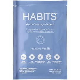 HABITS BY NOT A FANCY KITCHEN  Proteína Vegetal en Polvo  Sabor Vainilla  16 Sobres Cont. Net 30.5g  23.5 g de Proteína Por Porción  Sin Azúcares