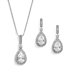 Mariell Silver Platinum Plated CZ Crystal Pear-Shape Necklace & Earrings Wedding or Bridal Jewelry Set