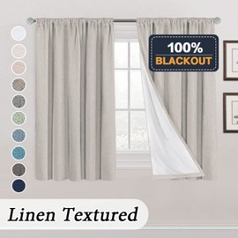 PrinceDeco Blackout Curtains 54 inch Length Rod Pocket Blackout Curtains for Bedroom Burlap Fabric with White Thermal Insulated Liner, 2 Panels(52 x 54 Inch, Stone)