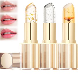 MUNIP Transferproof Color Changing Lipstick,Gold Crystal Ph Color Changing Conservation Clear Lipstick Set,Flower Jelly Lipsticks Set,Long Lasting Moisturizing Nutritious Lip Gloss for Women (1set)