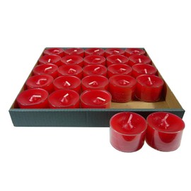 Nightlights Tea Lights in Acrylic Holders / Up to 8 Hours Burning Time Transparent Plastic Cover / Economy Pack 25 Pieces / Ruby Red