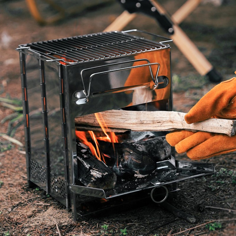 JEMLYD Portable Folding Wood Burning Camping Stove with Grill, Stainless