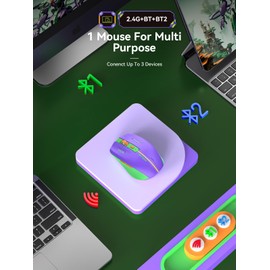 RAPIQUE Bluetooth Wireless Mouse - (BT1/BT2+USB Receiver) Dual Mode, Rechargeable, Quiet Click, Multi-Device Compatibility for Laptop, Computer, MacBook, Tablet (Purple and Green)