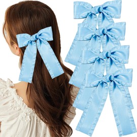4Pcs Blue Ribbon Bows for Hair, French Bowknot Barrettes with Long Tails Large Hair Bows Hairbows Aesthetic Bridal Accessories for Women Girls