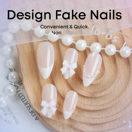 White French Tip Press on Nails Medium Almond Fake Nails with Pearls Designs 3D Bow False Nails Acrylic Glue on Nails Full Cover Stick on Nails for Women Artificial Nails 24 Pcs