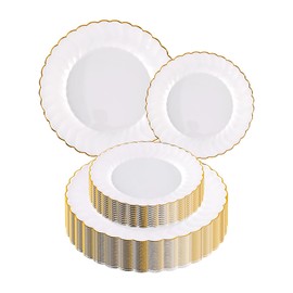 100 PCS Ivory Scalloped Plastic Plates with Gold Rims, Fancy Disposable Dinnerware, Suitable for Parties, Wedding, and Thanksgiving Plates, Include 50pcs Dinner Plates 9in, 50pcs Dessert Plate 6in