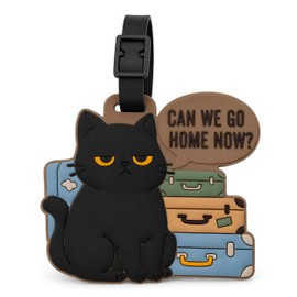 Can We Go Home Now Cat Silicone Luggage Tag for Suitcases, Flexible Travel Name Label with Adjustable Strap, Funny Bag Identifier for Backpacks, School Bags, Carry On Bags and Pet Lovers