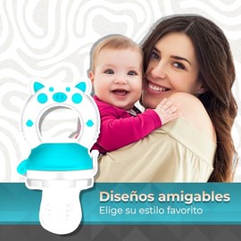 Chupón Para Fruta Y Papilla con Seguro Y Tapa Dibujos Animados, Libre de BPA (AZUL/BLANCO)