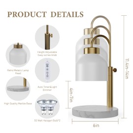 Candle Warmer Lamp, with 2 Bulbs,Timer & Dimmer,Compatible with Large Yankee Candle Jars,3 Wick Candles,Height Adjustable Electric Top Melter,110-120v, (White Marble)
