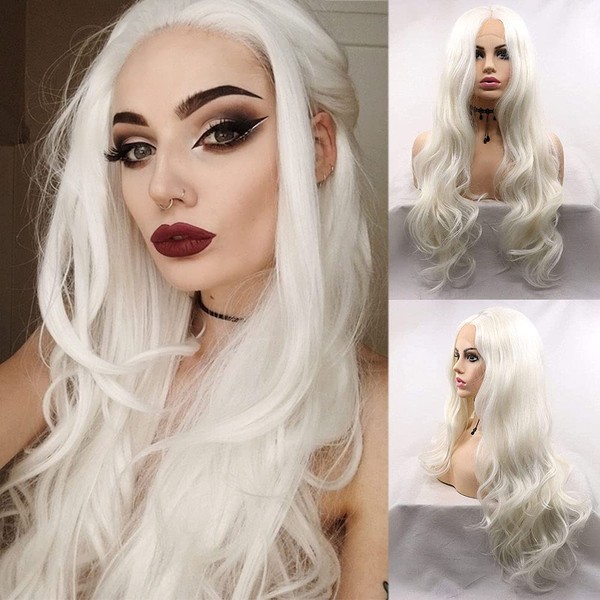 Angle Lucky White Lace Front Wig Long Wavy Platinum White 1001# Free Part Wig Synthetic Natural Hairline Pre Plucked Wig Half Hand Tied Hair Replacement Wigs 24 Inches for Women Girls