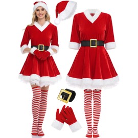 SOMSOC 5 Pack Women Mrs Claus Christmas Costume Set Velvet Dress with Belt Striped Over Knee High Socks Santa Hat Gloves