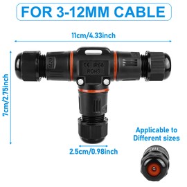 3-Pin Cable Connector Waterproof IP68, T-Shape Cable Connector Waterproof 3-Pin Earth Cable Connection Sleeve for Diameter 3-12 mm Cable Diameter, 2-Way Waterproof Junction Box for Garden, Outdoor (6)