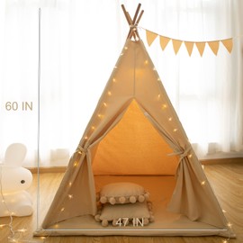 RONGFA Kids Play Tent with Mat Indoor Play Teepee for Children Boys Portable Play House (Apricot+mat)