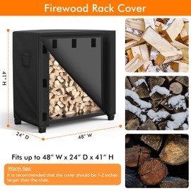 WLEAFJ Outdoor Firewood Rack Cover 4 feet, Log Rack Cover Waterproof, Wood Cover for Log Holder, 48" W x 24" D x 41" H, Black