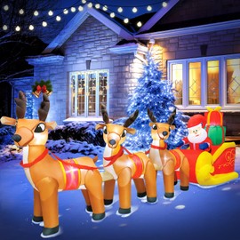 DomKom 12 FT Christmas Inflatable Outdoor Santa Claus on Sleigh with Three Reindeer, Building LED Lights, Blow Up Yard Decoration for Party Garden Lawn Winter Decor