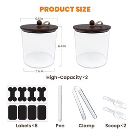 HOYTAMDAR 2 Pack Airtight Dog Food Storage Container, Dog Treat Container Dog Treat Jar with Wood Lids 6x5'',Pet Food Storage Container,Cat Food Storage Container with Scoops,Food Tong,Labels,Pen