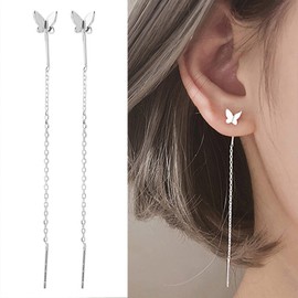 Aneneiceera Boho Butterfly Drop Dangle Earring Silver Long Tassel Butterfly Earrings Tiny Chain Earrings Vintage Earrings Jewellery for Women and Girls, Alloy Steel