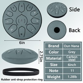Oun Nana Steel Tongue Drum Musical Sound Healing Instruments for Adults Kids, 6 Inches 11 Notes Rain Drum for Outside Garden Camping Meditation Yoga Chakra Gifts, Grey