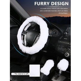 Cxtiy Car Steering Wheel Cover with Handbrake Cover & Gear Shift Cover, Fashion Steering Wheel Wrap Faux Wool Fluffy Soft and Warm in Winter Diameter 15 inch 3 Pcs 1 Set (White)