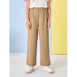 Kids Girls High Waist Wide Leg School Uniform Pants 5-14 Years Khaki