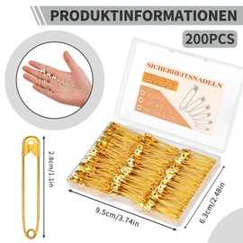 MASPHY Pack of 200 Gold Safety Pins, 28 mm Safety Pins, Small for Clothing, Crafts, Jewellery Making and Sewing