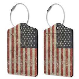 2 Pack Luggage Tags for Suitcases, Retro American Flag Luggage Tag, Leather Stainless Steel Loop Label Tag for Men Travel Bag Suitcase