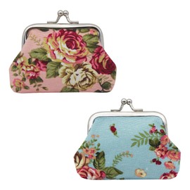 WisePoint Coin Purses 2PCS, Canvas Mini Coin Pouch with Kiss Lock, Exquisite Coin Purse for Women and Girls with Flower Patterns, Change PurseCoin Wallet for Coins, Keys, Rings (Blue+Pink)