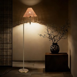 Folux Boho Rattan Floor Lamp with Swing Arm, Natural Standing Lamp with Adjustable 310° Arm, Hand Woven Shade and Gold Metal Frame, 63" Tall Reading Floor Lamp for Living Room Bedroom Reading Nook