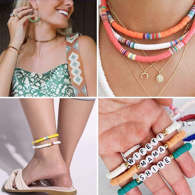 Meschett 6000個 クレイビーズ ブレスレット製作用 24色 6mm フラットラウンドポリマークレイビーズ ペンダントチャームキット付き レタービーズとゴム紐 ジュエリー製作キット&クラフト用品用