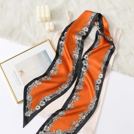 59" Long Silk Head Scarf for Women Neck Scarf Belt Satin Scarf for Hair Lightweight Purse Scarf (Orange Flowers)