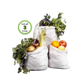AMOUR INFINI Reusable Organic Cotton Grocery Bags |Biodegradable,Food Safe,Washable Produce Bags with Tare Weight & Drawstrings|Set of 3 (Large) Muslin Bags for Shopping, Vegetables & Fruits Storage