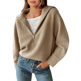 BTFBM Women’s Long Sleeve V-Neck Pullover Sweater Half Zip Collar Ribbed Knit Casual Loose Slouchy Jumper Sweaters(Solid Light Khaki, Small)